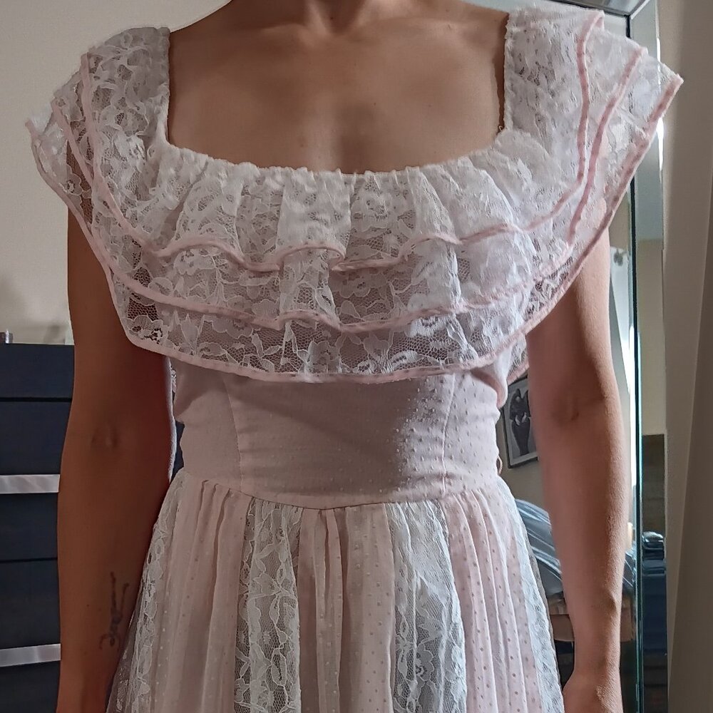 Vintage Pink Swiss Dot Lace Dress Cottagecore Prairie Frilly Dress Lolita
